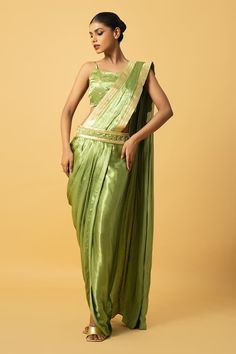 Green pre-draped saree with lace border. Comes with padded sequin embellished blouse and sequin embroidered belt. - Aza Fashions Blouse Modal, Indo Western Saree, Black Embroidered Blouse, Dhoti Saree, Mirror Work Saree, Zardosi Embroidery, Mirror Work Blouse, Golden Lace, Ruffle Saree