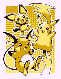 some very cute looking pokemons on a yellow and white background with black dots in the middle