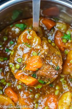 a ladle full of stew with carrots and peas