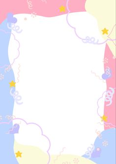 a pink and blue background with stars, clouds and confetti in the corner