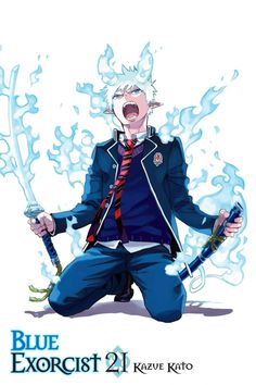 an anime character holding two swords in his hands and yelling at the camera while sitting on the ground