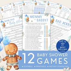 baby shower games for boys and girls with teddy bears on them, including the baby shower game