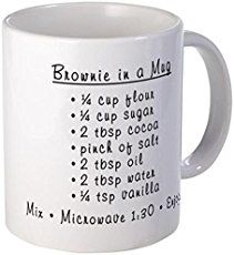 a white coffee mug with instructions for brownie in a mug written on the side