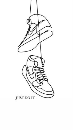 a black and white drawing of a pair of shoes hanging from a string with the words just do it