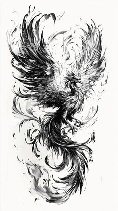 a black and white drawing of a bird with swirls on it's wings