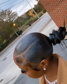 3 Part Sleek Ponytail, 3 Section Slick Back Ponytail, Cornrows Into Low Bun, Slick Ponytail Ideas, Classy Ponytail Hairstyles Black, V Part Slick Back Bun, 3 Part Ponytail Natural Hair, Two Knot Buns, Mid Bun Hairstyles For Black Women