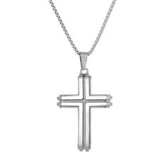 Showcase your faith with this handsome stainless steel cross necklace. Showcase your faith with this handsome stainless steel cross necklace. FEATURES Pendant size: 2.16"L x 1.26"W Chain length: 24 in. Chain type: box Clasp: lobster-claw Metal: stainless steel Finish: polished Packaging: boxed Size: 24". Gender: male. Age Group: adult. Stainless Steel Cross Pendant Necklace For Faith, Modern Stainless Steel Cross Pendant Necklace, Stainless Steel Cross Pendant, Steel Cross, Box Clasp, Lynx, Cross Pendant, Chain Lengths, Lobster Claw