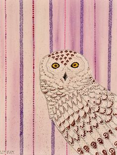 an owl with yellow eyes is sitting on a pink and purple striped background