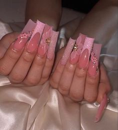 Pink Bling Nails, Sweet 16 Nails, 16 Nails, Quince Nails, Classy Acrylic, Long Square Nails, Nails Design With Rhinestones