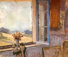 a painting of a vase with flowers sitting on a window sill in front of an open window