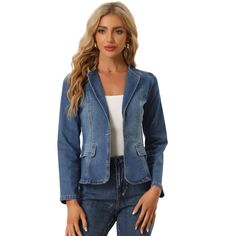 The denim blazer is a classic and stylish addition to any wardrobe. The lapel collar and one-button closure give it a sophisticated look that can be dressed up or down. This denim blazer can be styled in a variety of ways, making it perfect for wearing to work or for casual outings. It can be paired well with jeans, pants, skirts, and dresses. Casual Slim Fit Single Breasted Blazer, Casual Slim Fit Blazer With Suit Collar, Casual Slim Fit Spring Blazer, Fitted Denim Blazer With Button Closure, Spring Single Button Slim Fit Outerwear, Spring Denim Jacket With Notch Lapel And Button Closure, Denim Blazer With Pockets And Lapel Collar, Spring Slim Fit Single Button Outerwear, Spring Slim Fit Blazer With Button Closure