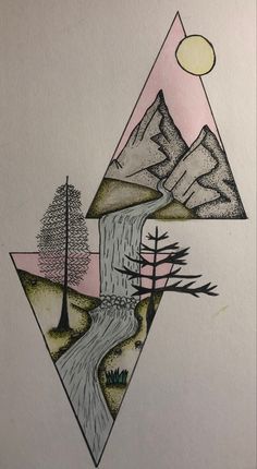 a drawing with mountains and trees on it