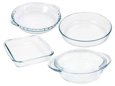 four glass dishes and one bowl are shown