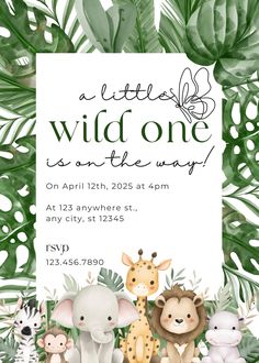 an animal themed baby shower is featured in the jungle party card design for little one's first birthday