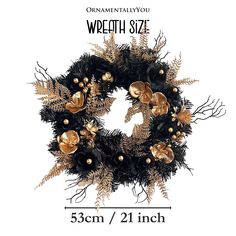 a wreath with gold and black decorations on it, next to the measurements for each item