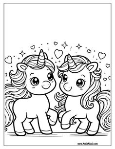 two cute little unicorns with hearts on their heads