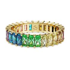 Featuring a vibrant array of rainbow colors, this Matrix ring is filled with joy and elegance. The gold-tone plated band delivers a full circle of baguette-cut stones, each placed in a refined prong setting. This jewelry is made for self-expression and pairs beautifully with our matching earrings. Flowers For Men, Green Princess, Ring Baguette, Swarovski Ring, Pink Watch, Rainbow Jewelry, Belly Piercing, Rose Gold Watches, Dope Jewelry