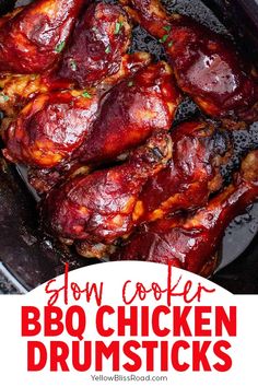 slow cooker bbq chicken drumsticks in a pan with text overlay