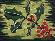 a painting with red berries and green leaves