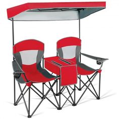 three red and white folding chairs under a canopy on an isolated white background with clippings