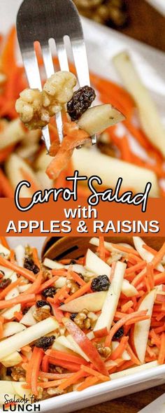 carrot salad with apples and raisins in a white bowl