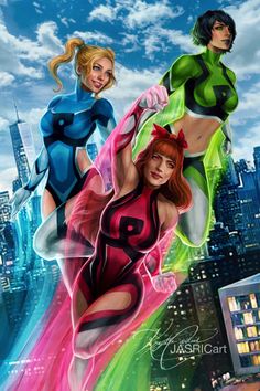 two women dressed as superheros flying through the air in front of a cityscape