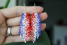 Patriotic Blue Beaded Earrings As Gift, Blue Patriotic Beaded Earrings As Gift, Handmade Patriotic Dangle Earrings, Patriotic Multicolor Beaded Earrings, Handmade Patriotic Dangle Beaded Earrings, Handmade Patriotic Drop Earrings, Patriotic Handmade Beaded Earrings As Gift, Patriotic Handmade Beaded Earrings For Gift, Patriotic Handmade Earrings As A Gift