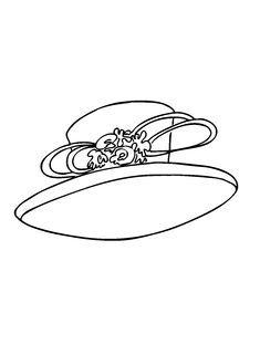 a black and white drawing of a hat on top of a round object with flowers