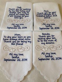 four embroidered wedding handkerchiefs with words on them