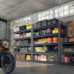 a yellow motorcycle parked in front of a metal shelf filled with containers and other items