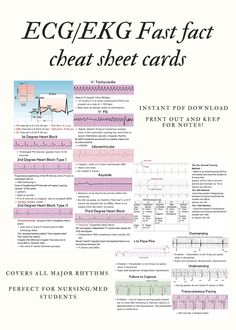 ECG/EKG fast fact, cheat sheet card. Covers all major heart rhythms with picture example. Perfect for nursing/medical/PA students to keep in their badge holder or print out for note.  Recently added* Second PDF download included. Smaller ECG/EKG info sheet that is a badge holder size. Telemetry Technician, Nursing Math, Nclex Tips, Emt Study, Nursing Things, Ekg Interpretation, Medical Assistant Student, Cardiac Rhythms