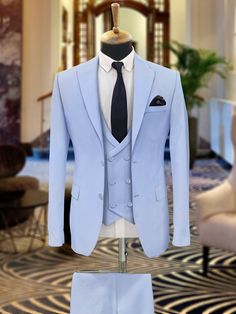 "SKY BLUE WEDDING three piece suits for men - Bespoke Wedding Tuxedo Suit - blue suit men - Elegant blue Suit COMPULSARY PLEASE MEASURE YOUR CHEST AREA, CIRCUMFRENECE AROUND THE BROADEST PART OF CHEST AND WAIST AREA WHERE YOU NORMALLY WEAR YOUR TROUSER OR 4 FINGER BELOW THE BELLY BUTTON, AND PICK YOUR SIZE ACCORDINGLY PLEASE PROVIDE YOUR HEIGHT AND WEIGHT IN THE PERSONALISATION BOX , WHILE PLACING THE ORDER PLEASE CHECK THE SIZE CHART BEFORE PLACING THE ORDER IN SIZE CHART , \"WAIST\" REFERS TO White And Blue Suit Men, Pastel Blue Suits For Men, Sky Blue Tuxedo For Men, Pastel Suits Men, Royal Blue Notch Lapel Tuxedo For Wedding, Royal Blue Notch Lapel Suit For Wedding, Blue Double Breasted Tuxedo For Wedding, Classic Blue Double Breasted Suit For Wedding, Royal Blue Three-piece Suit For Wedding