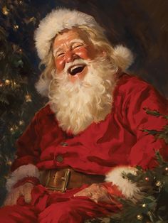 a painting of santa claus sitting in front of a christmas tree with his mouth open