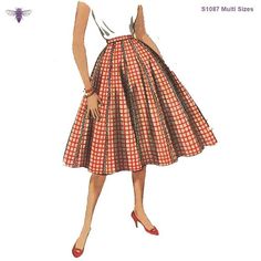 a woman is wearing a dress made out of plaid fabric and has red heels on her feet