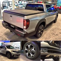 two pictures of the back and side of a pickup truck at an auto show with other vehicles on display