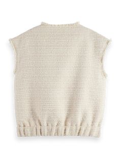 Sleeveless and stylish, our Boucle Tweed Collarless Gilet is the layer you've been looking for. It's great over a sweater for those crisp fall days, or style it with a long sleeve tee for a cooler, laid back approach. 100% Polyester 100% Polyester lining Special - Dry-Clean Only Imported Chic Beige Crew Neck Sweater Vest, Casual Tweed Vest For Winter, Chic Tweed Tops For Fall, Beige Crew Neck Vest For Fall, Textured Knit Crew Neck Vest For Fall, Casual Tweed Tops For Spring, Elegant Tweed Tops For Fall, Tweed Vest, Strong Shoulders