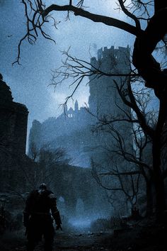 a man is walking through the dark woods in front of a castle on a foggy day