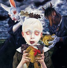 the cover art for korn's album, with two rabbits holding stuffed animals