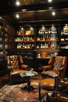 a living room filled with leather furniture and lots of bottles on the wall behind it