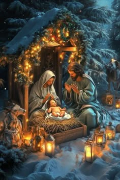 a nativity scene with baby jesus in the manger, surrounded by christmas lights