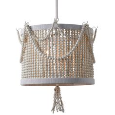 a white chandelier with beads hanging from it's sides and a light fixture in the middle