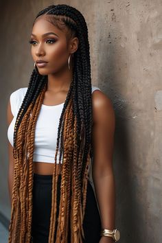 Knotless Box Braids With Color, Long Knotless Box Braids, Box Braids With Color, Braids With Color, Hair Braid Patterns, Colored Box Braids, Knotless Box Braids, Side Braid Hairstyles, Braiding Styles