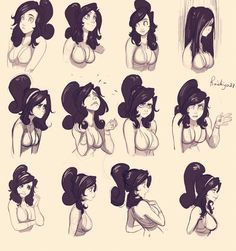 a bunch of drawings of women with different hair styles and body shapes in various poses