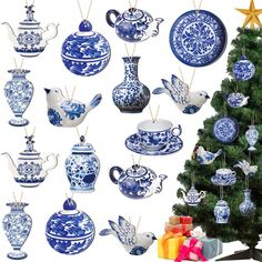 a christmas tree with blue and white china ornaments hanging from it's sides next to a set of ceramic teapots