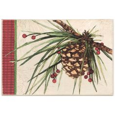 a pine cone with red berries and green leaves on a checkered tablecloth background