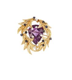 Introducing the Vintage Amethyst Brooch with Diamonds and Sapphires in 18k Gold. This elegant accessory is a testament to timeless sophistication and exquisite craftsmanship.  Crafted in luxurious 18k gold, this brooch features a stunning amethyst at its center. The rich purple hue of the amethyst is beautifully enhanced by the sparkling brilliance of genuine diamonds and sapphires.  The intricate design of the brooch showcases a delicate arrangement of diamonds and sapphires, creating a captiva Elegant Purple Brooches For Anniversary, Luxury Purple Brooches For Formal Occasion, Rich Purple, Visual Display, Purple Hues, Elegant Accessories, Natural Sapphire, The Vintage, Romania