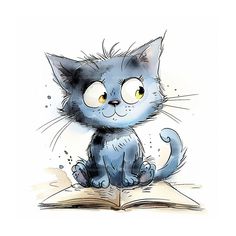 a blue kitten sitting on top of an open book