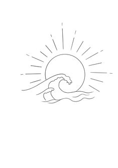 a black and white drawing of a wave in the ocean with sun rising above it