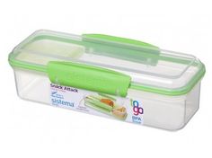 a plastic lunch box with blue lid and handles on the side, filled with food