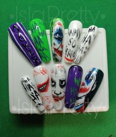 Joker Nails Designs Art, The Joker Nails Designs, Joker Acrylic Nails, Joker Nails Acrylic, Joker Inspired Nails, The Joker Nails, Joker Nails Designs, Joker Nail Art